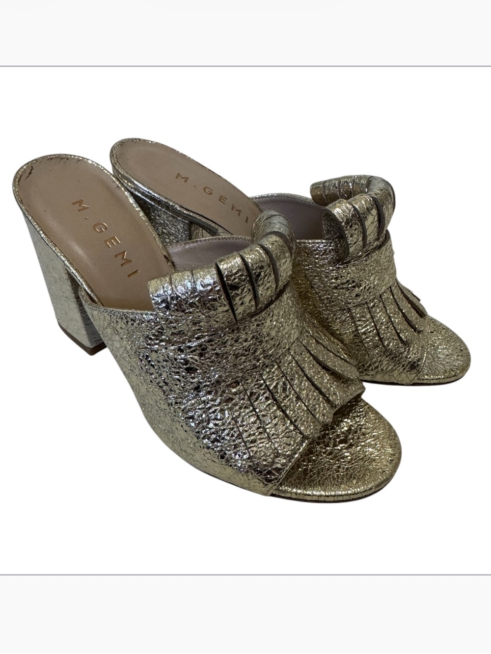 M Gemi Gold leather Fringe Mule Heels Womens 6 Luxury Peep Toe Classic